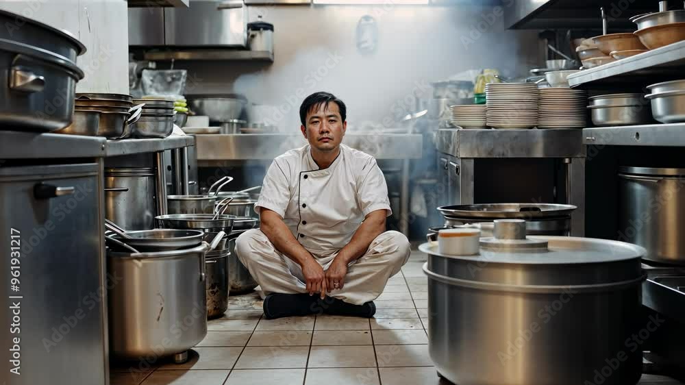 Portrait of Asian Chef Sitting on Kitchen Floor Portrait of Asian Chef Sitting on Kitchen Floor