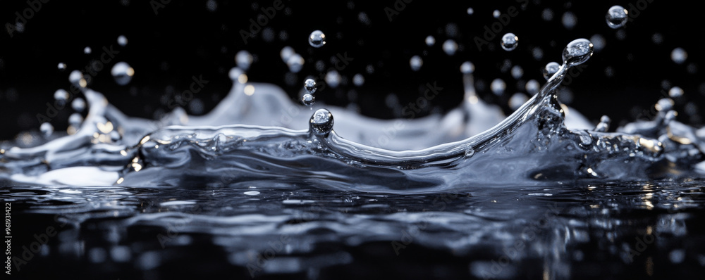 A metallic silver oil liquid splash with droplets suspended in mid-air, glowing softly against a black background. A metallic silver oil liquid splash with droplets suspended in mid-air, glowing softly against a black background.