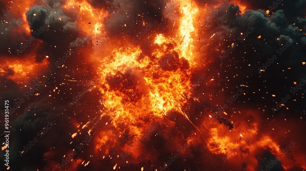 Dark background with a fierce explosion of flames and explosive particles, capturing the raw force of destruction Dark background with a fierce explosion of flames and explosive particles, capturing the raw force of destruction