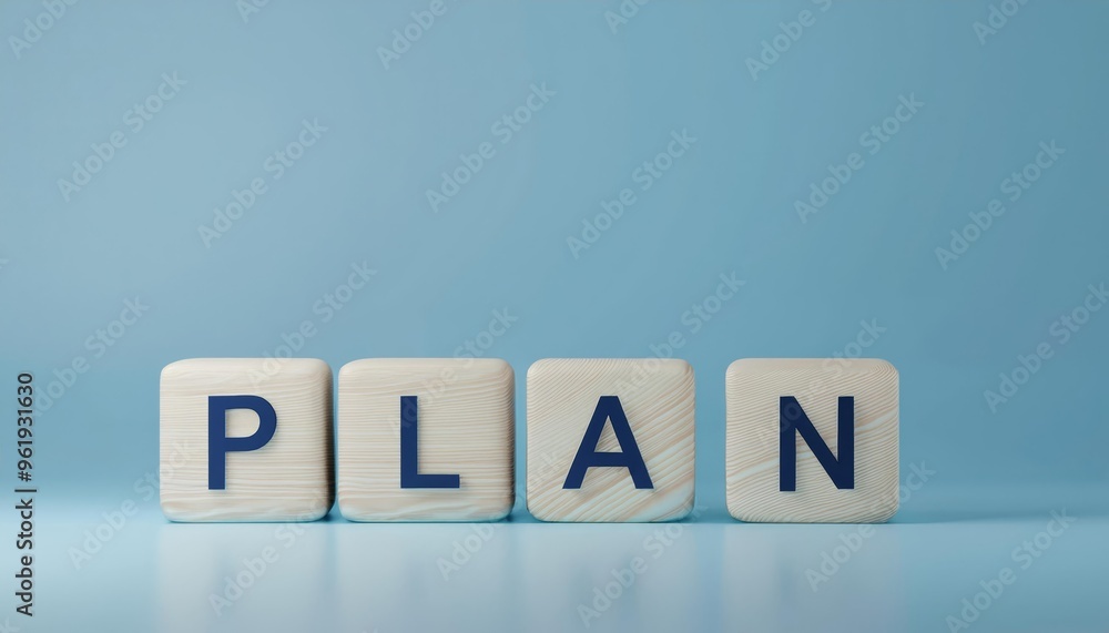 Creative representation of the word 'PLAN' using wooden blocks on a blue backdrop, symbolizing organization and strategy. Creative representation of the word 'PLAN' using wooden blocks on a blue backdrop, symbolizing organization and strategy.