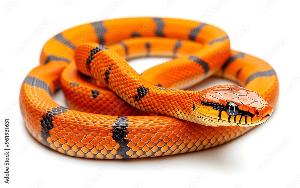 Naklejka premium Vibrant Orange Tiger Snake Coiled on White Background with Clipping Path Isolated - Exotic Reptile Close-up