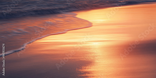 Long exposure light trails in shades of orange and pink flowing across a peaceful beach at dusk, with the sea gently reflecting the glow.