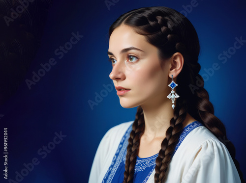 Portrait of a young Slavic woman on a light background with beautifully braided hair