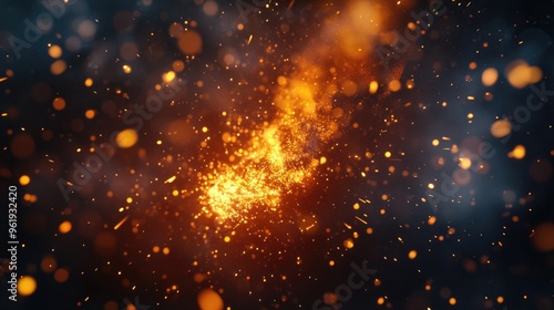 Dynamic explosion of bright particles with sparks flying in a fiery display, creating energy and movement against a dark scene