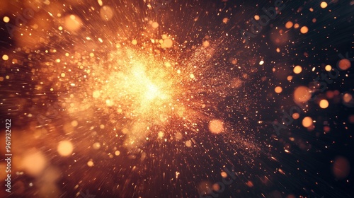 Dynamic explosion of bright particles with sparks flying in a fiery display, creating energy and movement against a dark scene