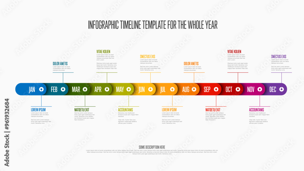 Entire year rainbow timeline template with months texts in color rounded blocks on a horizontal time line with short descriptions, all on white background Entire year rainbow timeline template with months texts in color rounded blocks on a horizontal time line with short descriptions, all on white background