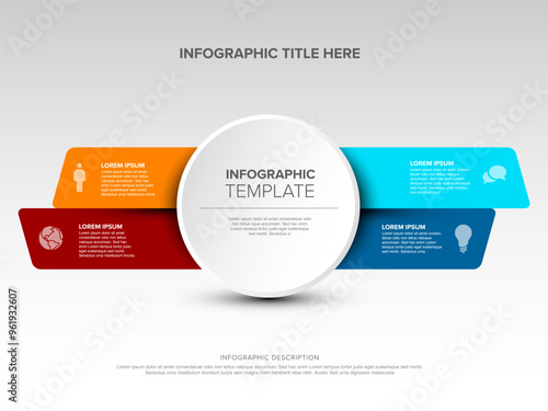 Multipurpose infographic template with big center and four elements on red and blue stripes all on white background with light shadow