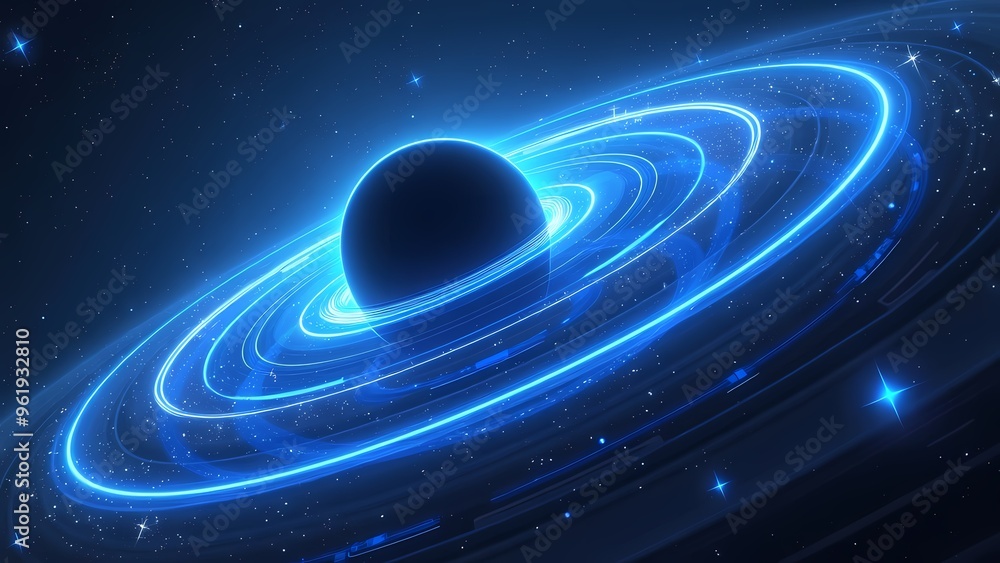 Sci-Fi Space Scene Neon Blue Light Trails Surrounding Dark Planet in Starry Cosmic Background Sci-Fi Space Scene Neon Blue Light Trails Surrounding Dark Planet in Starry Cosmic Background