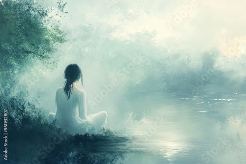 A Woman in a White Dress Contemplates a Misty Lake