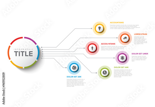 Simple Colorful Circular Infographic Design Template with six element and big circle with title on the light background. Modern multipurpose infochart template