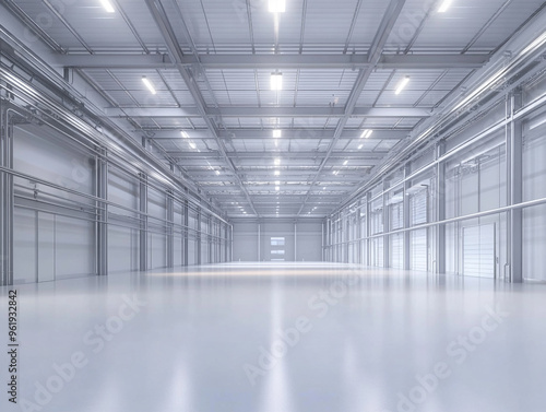 A large, empty warehouse with steel beams and white floors, illuminated by bright lights.