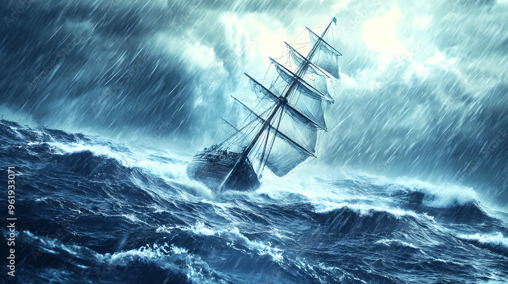 Sailing ship swinging on stormy sea waves, rough ocean with rain and thunderstorm. Stormy Sea. Illustration Sailing ship swinging on stormy sea waves, rough ocean with rain and thunderstorm. Stormy Sea. Illustration