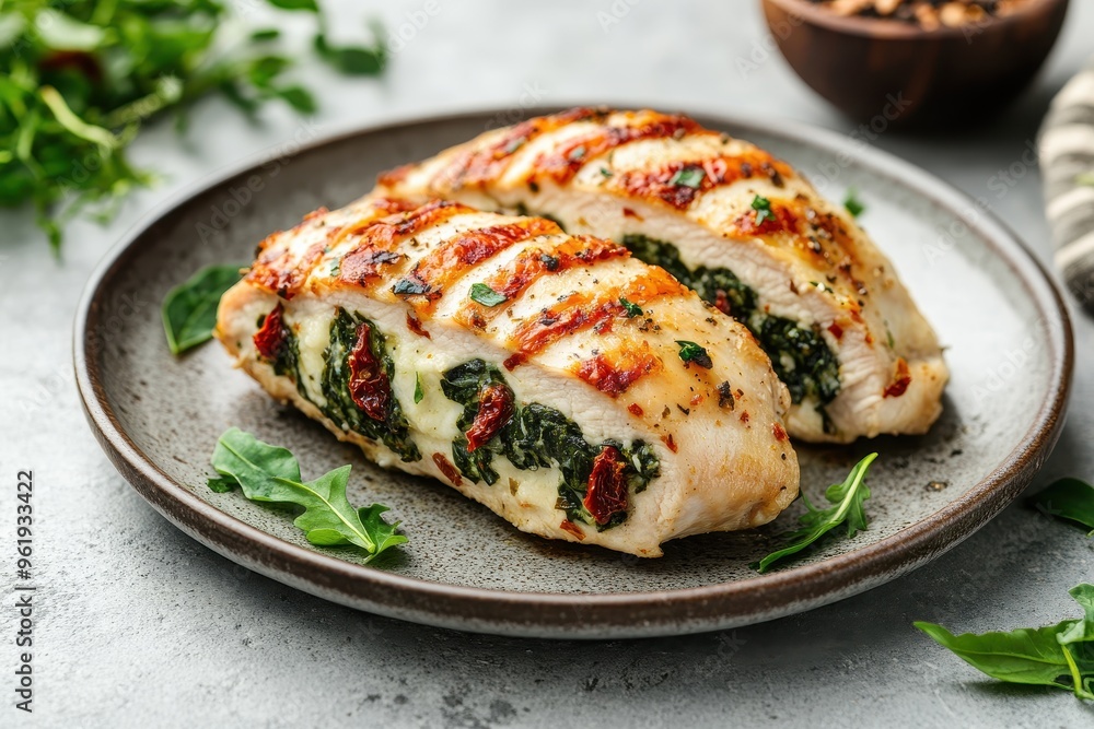 Spinach stuffed chicken with cheese and tomatoes served on a ceramic plate Spinach dishes Healthy eating Spinach stuffed chicken with cheese and tomatoes served on a ceramic plate Spinach dishes Healthy eating