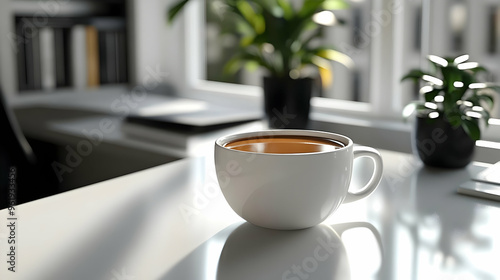 3D Glossy Coffee Cup on Polished Desk with Marketing Officer's Setup - High Angle Shot for Professional Marketing Atmosphere