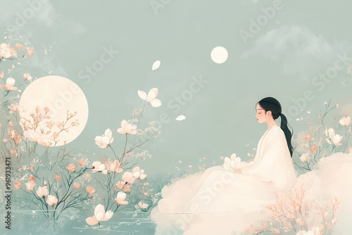 Woman in White Robe Sitting Among Flowers and a Moon