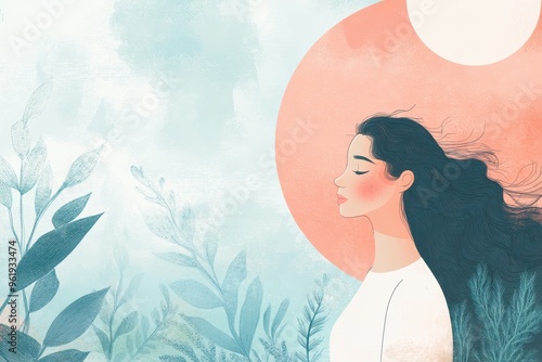 Woman with Long Hair, Eyes Closed, Standing Before a Large Pink Circle