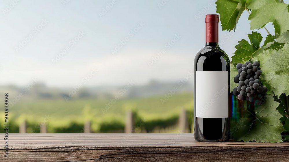 Fototapeta premium Organic wine bottle, with vineyard background, 3D illustration
