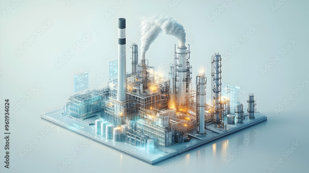 3D Glossy Factory with Smokestack and Holographic Data Visualizing Pollution Levels & Carbon Output on Isolated White Background 3D Glossy Factory with Smokestack and Holographic Data Visualizing Pollution Levels & Carbon Output on Isolated White Background