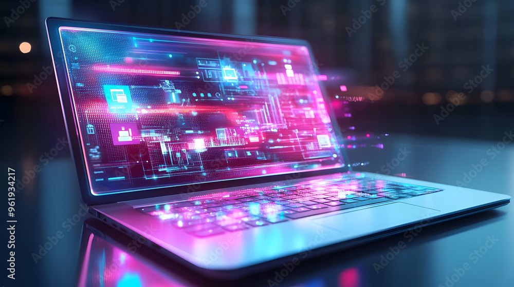 3D Glossy Laptop with Holographic Branding Icons and Campaign Metrics - Close-Up on White Background for Digital Marketing and Branding Concepts 3D Glossy Laptop with Holographic Branding Icons and Campaign Metrics - Close-Up on White Background for Digital Marketing and Branding Concepts