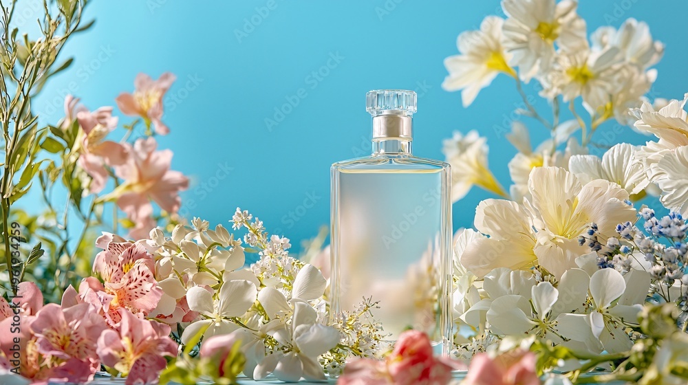 Perfume Bottle with Floral Bouquet on Blue Background Perfume Bottle with Floral Bouquet on Blue Background