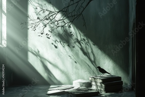 A Crow Perched on Books in a Dusty Room with Sunlight Streaming Through a Window photo