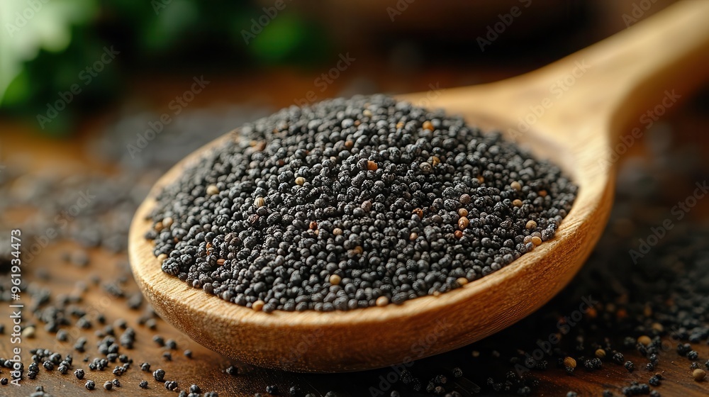 artisanal wooden spoon cradling aromatic poppy seeds soft natural light emphasizing texture rustic culinary still life with subtle depth of field and earthy tones artisanal wooden spoon cradling aromatic poppy seeds soft natural light emphasizing texture rustic culinary still life with subtle depth of field and earthy tones