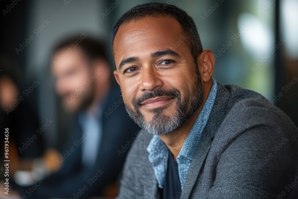 A man with a beard and a smile is sitting in front of a group of people A man with a beard and a smile is sitting in front of a group of people
