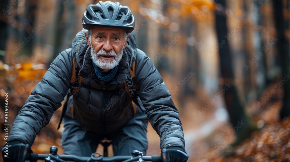 Senior Man Mountain Biking in Autumn Forest Senior Man Mountain Biking in Autumn Forest