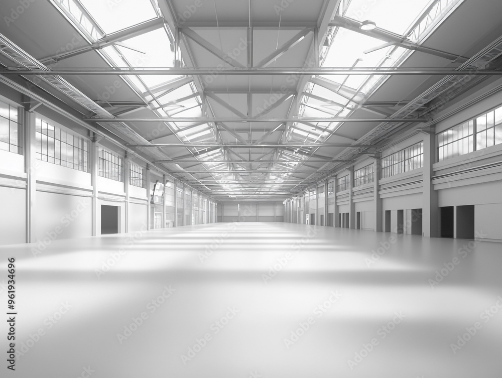 A large, empty warehouse with steel beams and white floors, illuminated by bright lights. A large, empty warehouse with steel beams and white floors, illuminated by bright lights.