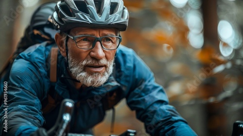 Senior Man Mountain Biking in a Forest