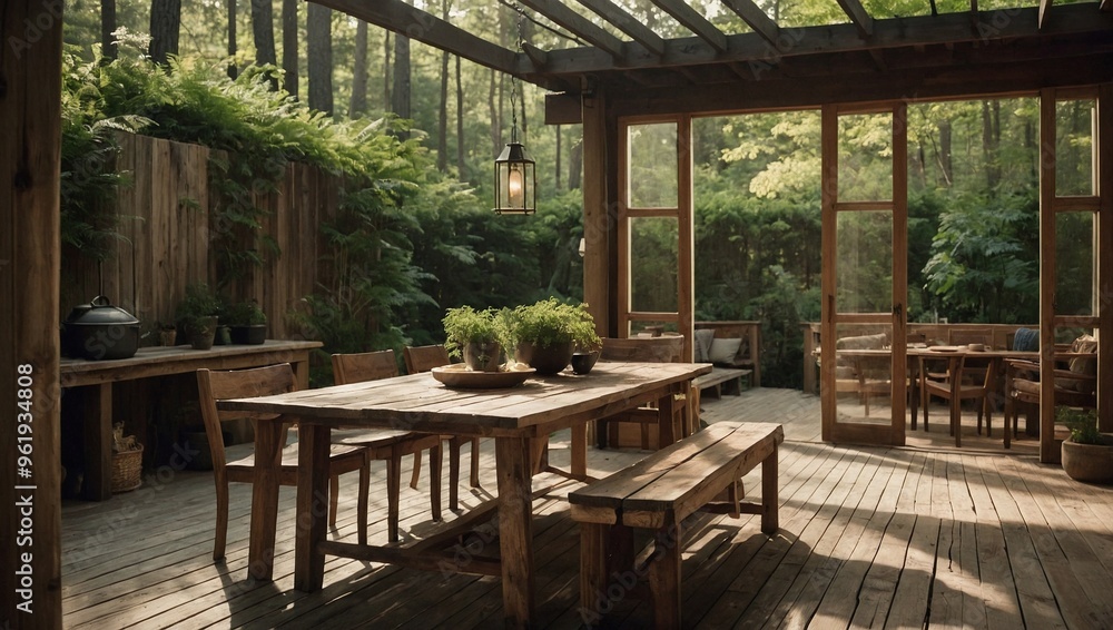 Fototapeta premium A rustic outdoor patio made of natural wood
