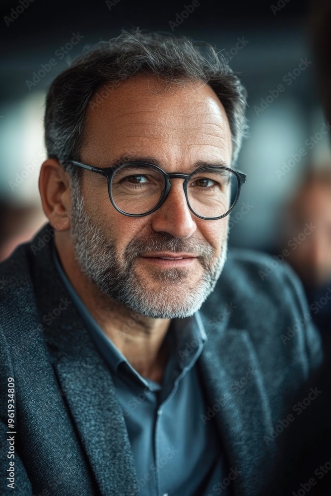 A man wearing glasses and a gray jacket A man wearing glasses and a gray jacket
