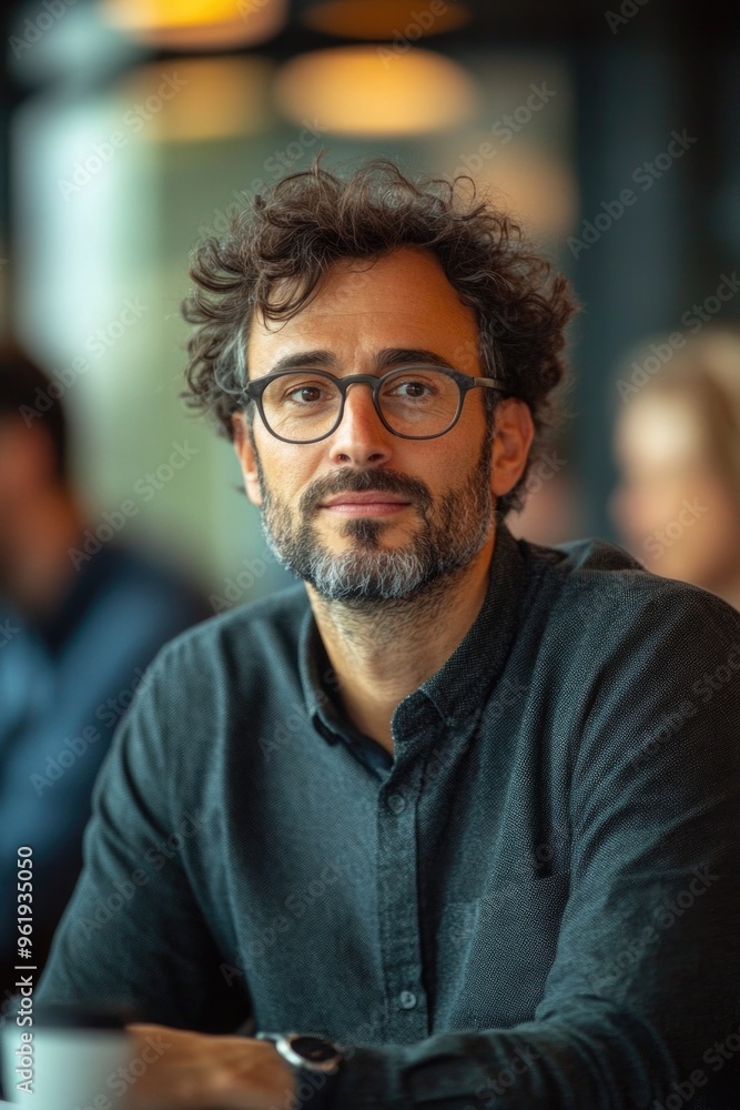 A man with glasses is sitting at a table with a cup in front of him A man with glasses is sitting at a table with a cup in front of him
