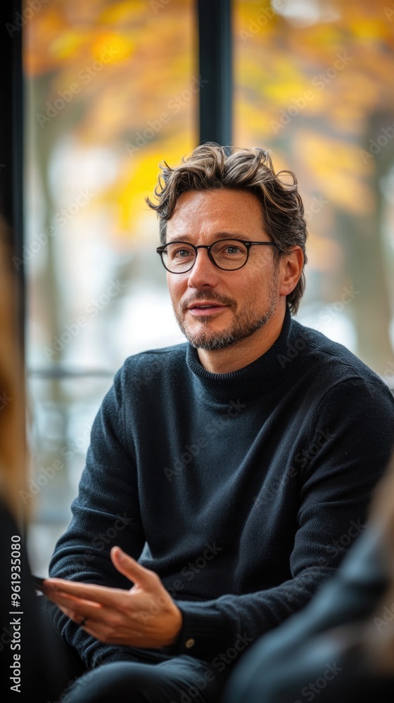 A man wearing glasses and a black sweater is sitting in a room A man wearing glasses and a black sweater is sitting in a room