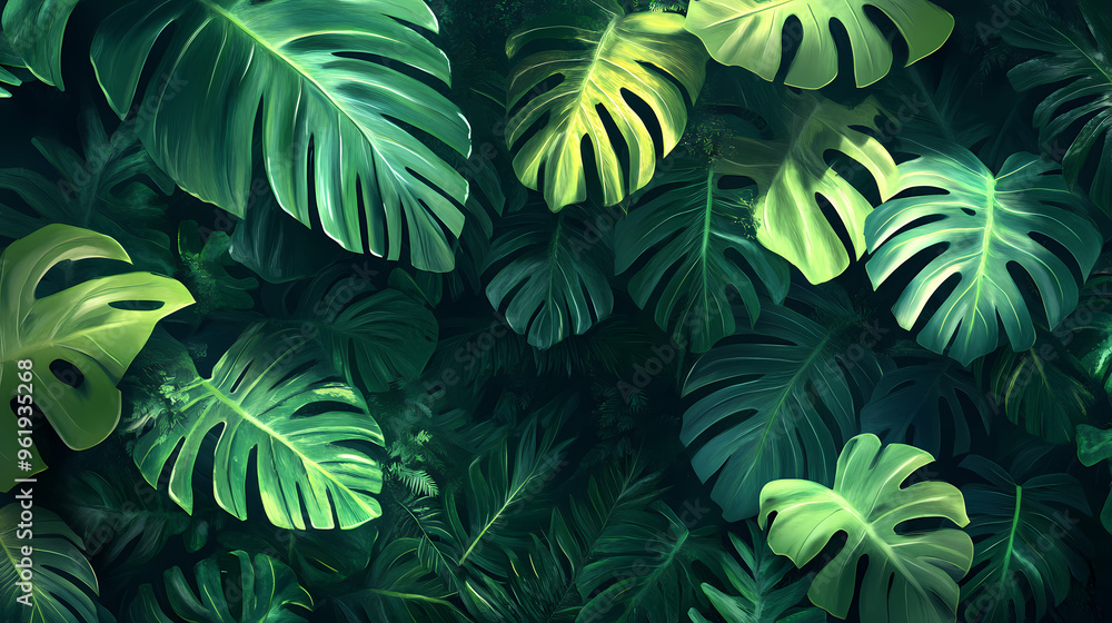 Monstera leaves in a lush jungle landscape with dense foliage. Lush Jungle. Illustration Monstera leaves in a lush jungle landscape with dense foliage. Lush Jungle. Illustration