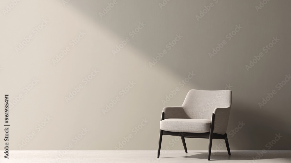 Minimalist beige armchair casting shadows in a serene, well-lit room. Minimalist beige armchair casting shadows in a serene, well-lit room.