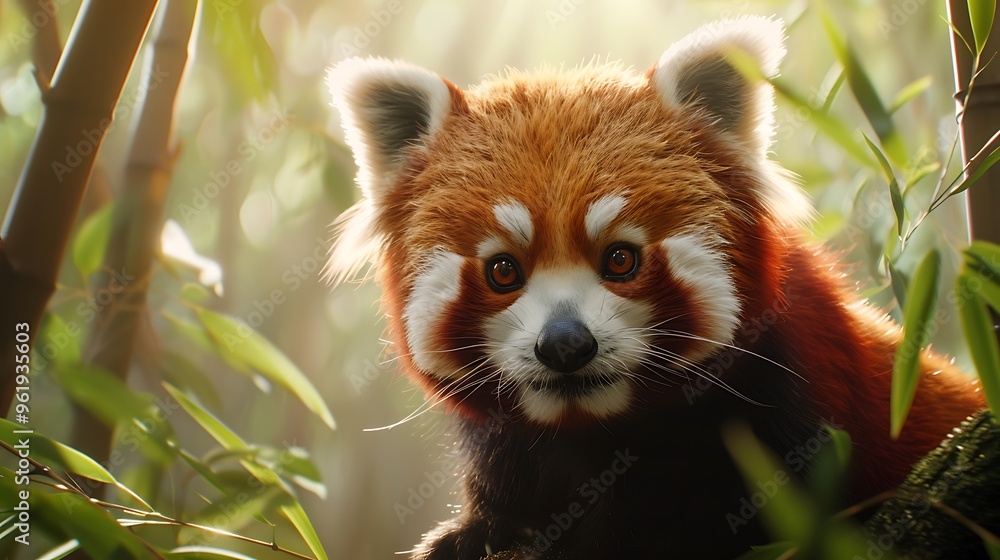 Fototapeta premium Curious red panda climbing in bamboo forest: A curious red panda climbs nimbly through the bamboo forest, its bushy tail and bright eyes adding to its endearing and playful nature. 