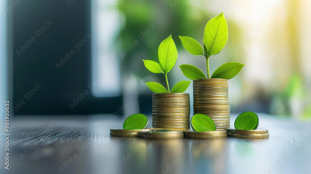A stack of green-colored coins with leaves growing between them, focusing on sustainable finance A stack of green-colored coins with leaves growing between them, focusing on sustainable finance