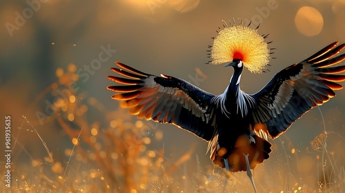 Elegant African crowned crane in mating dance, savanna: An elegant African crowned crane performs its intricate mating dance in the savanna, its golden crown of feathers bobbing gracefully as  photo