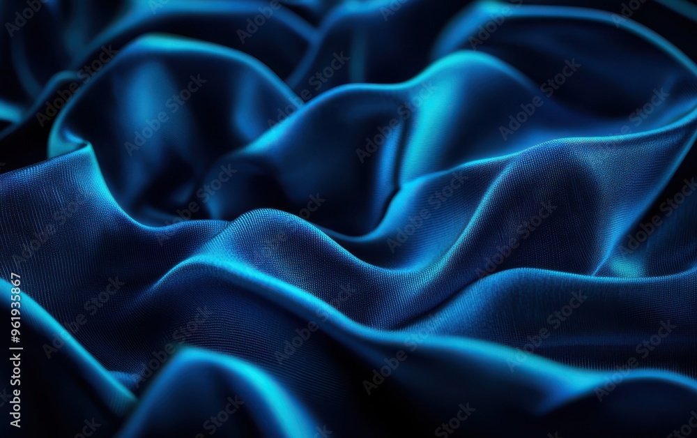 Fototapeta premium A close-up of luxurious blue satin fabric with smooth, flowing waves that create an elegant and rich texture.