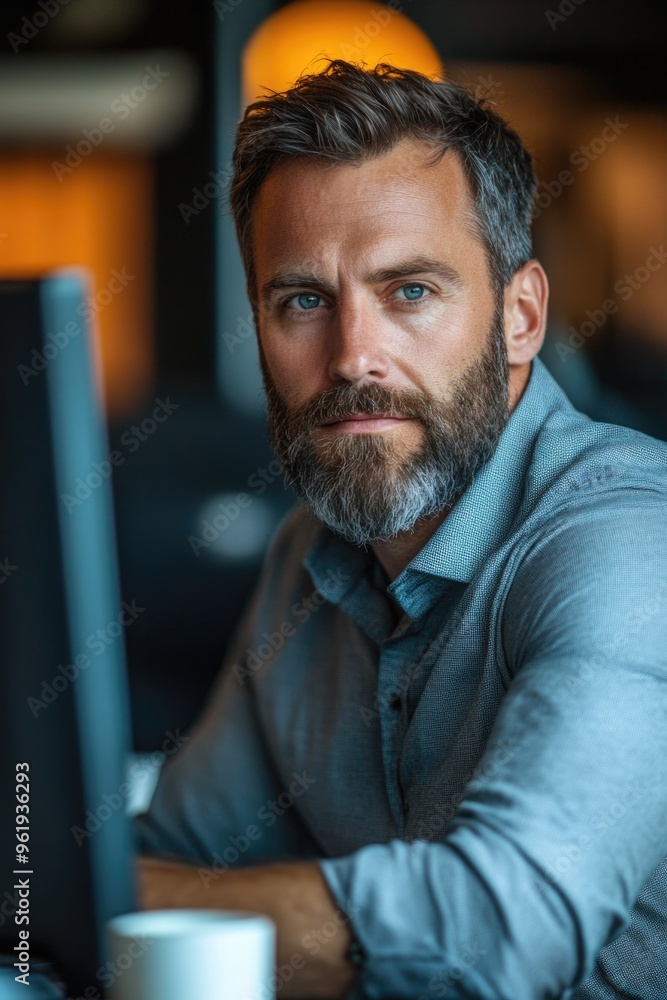 A man with a beard and glasses is sitting in front of a computer monitor A man with a beard and glasses is sitting in front of a computer monitor