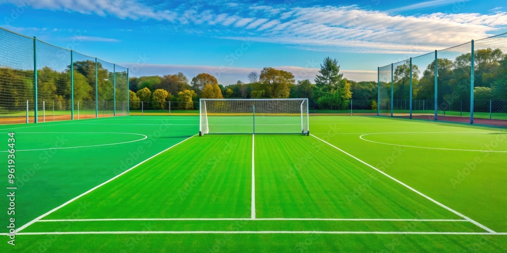 Obraz premium Grass field hockey pitch with goal posts, field, hockey, grass, pitch, sport, game, outdoor, arena, competition, team, sticks