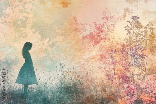 Silhouette of a Young Woman Standing in a Field of Grass and Flowers