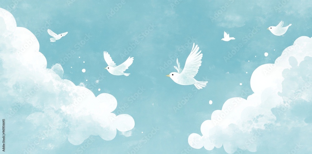 White Birds Flying in a Light Blue Sky with White Clouds White Birds Flying in a Light Blue Sky with White Clouds