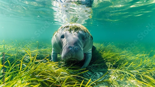 Gentle manatee grazing on seagrass in clear waters: A gentle manatee grazes peacefully on seagrass in the clear, shallow waters of a coastal bay, its slow movements embodying tranquility.  photo