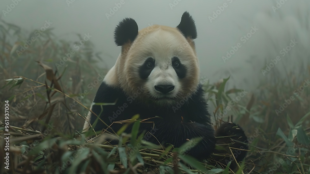 Giant panda munching on bamboo in misty forest: A gentle giant panda ...