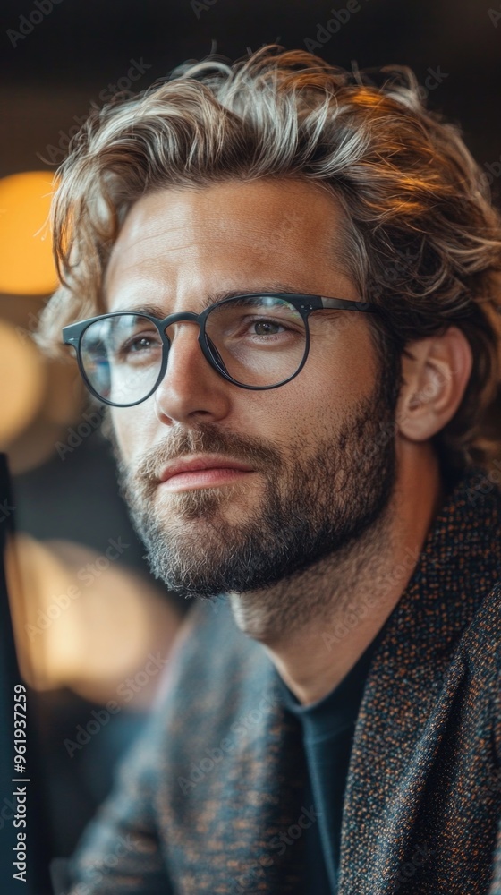 Obraz premium A man with glasses and a beard is looking at the camera