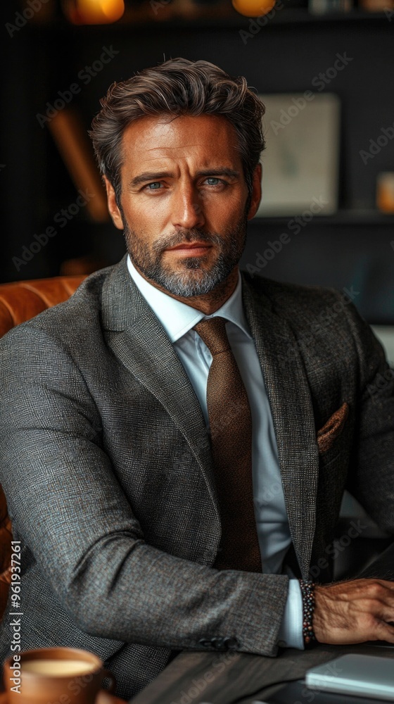 A man in a suit and tie sits at a table with a laptop and a cup of coffee A man in a suit and tie sits at a table with a laptop and a cup of coffee