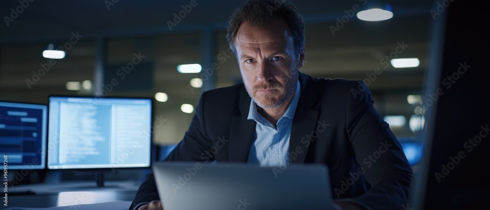 A man in a suit is sitting at a desk with a laptop in front of him A man in a suit is sitting at a desk with a laptop in front of him