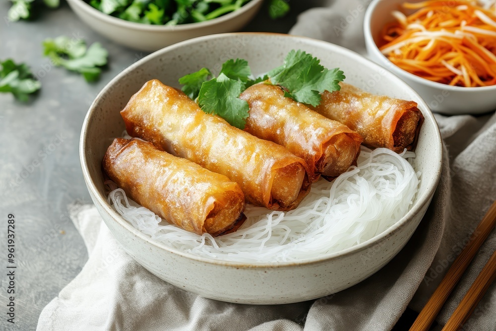 Spring rolls with cold vermicelli and sauce in bowl on table Taiwanese cuisine Spring rolls with cold vermicelli and sauce in bowl on table Taiwanese cuisine
